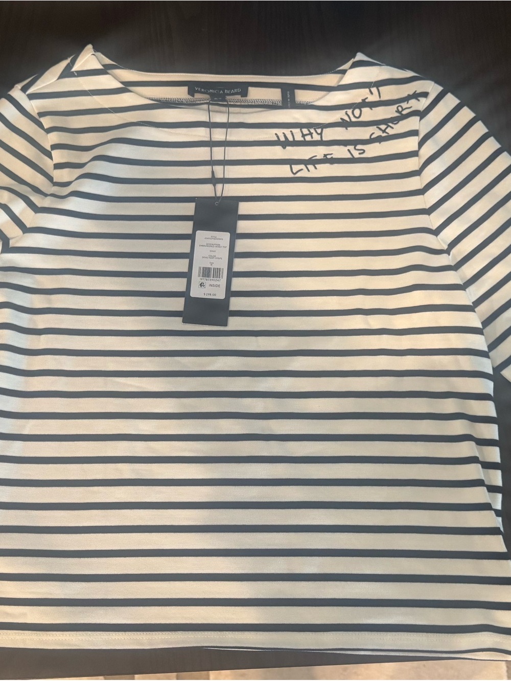 Veronica Beard Hovey White & Navy Striped Boatneck Top with Script Detail M